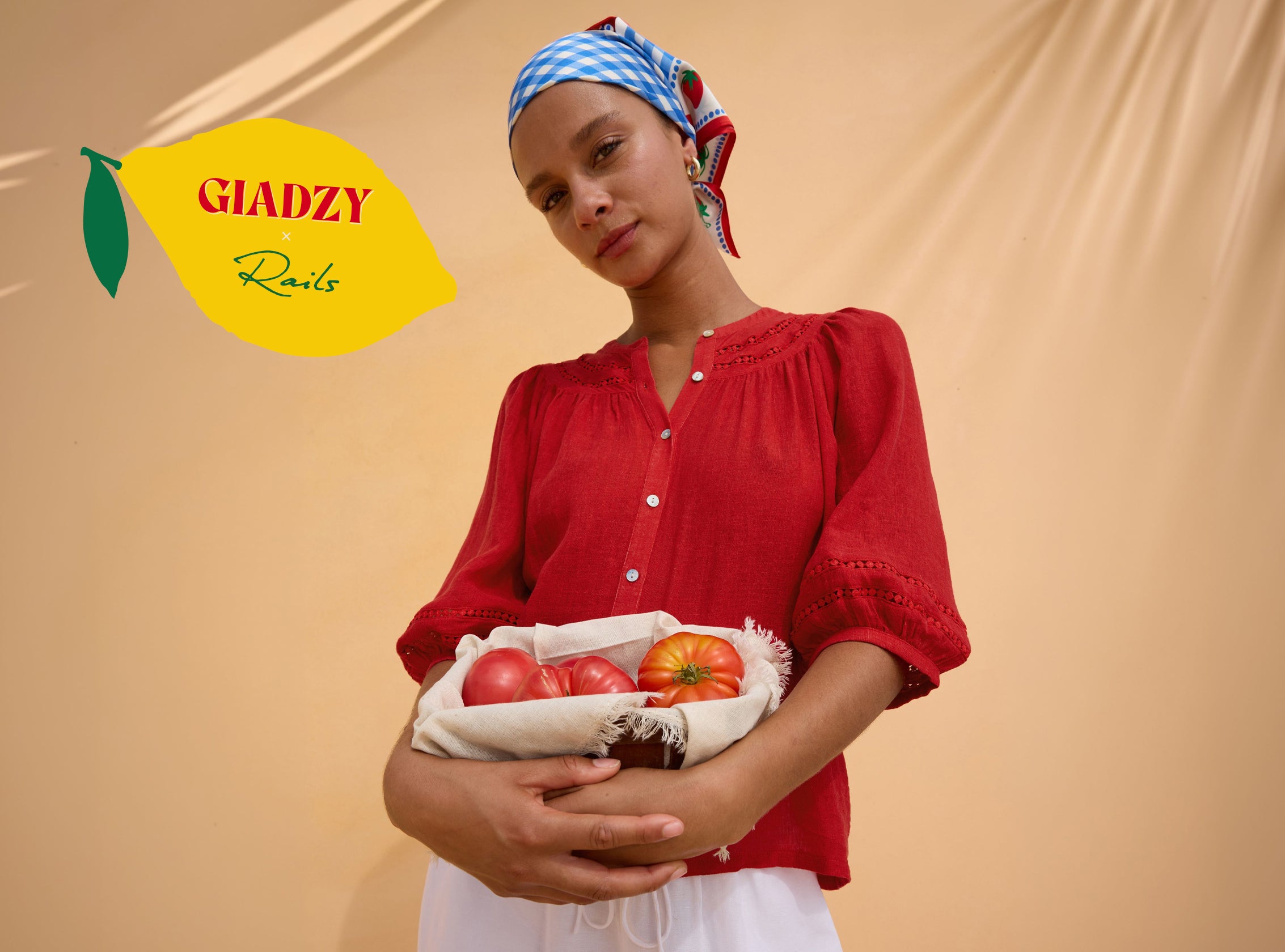 Woman holding a basket of apples with 'Gladzy' logo on beige background