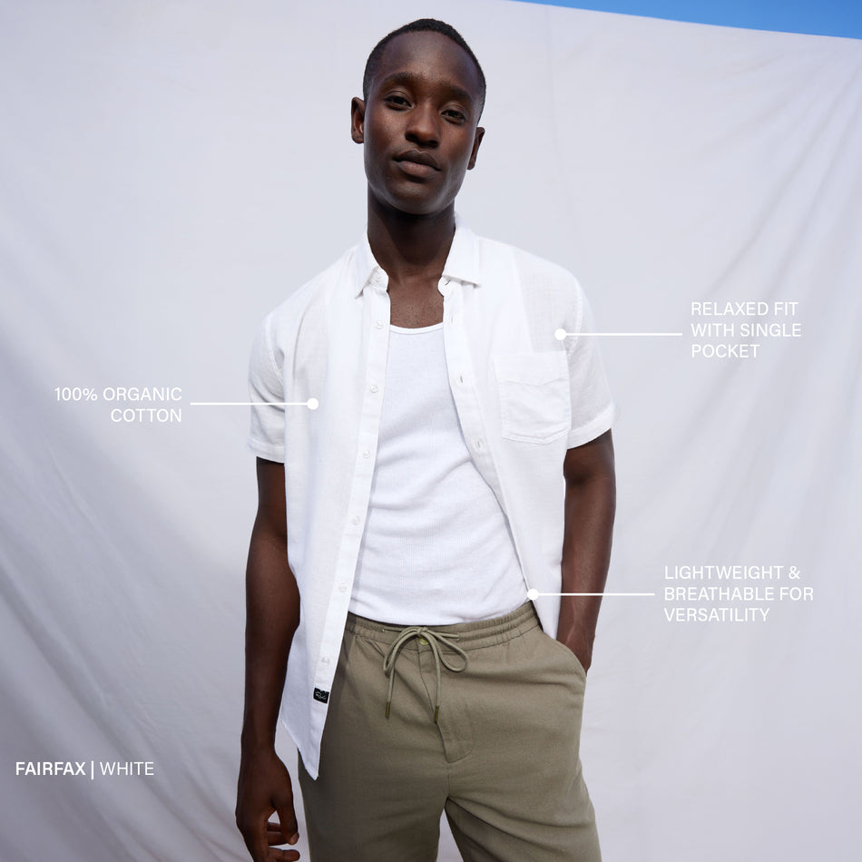 Man wearing a white shirt and beige pants with text on a gray background