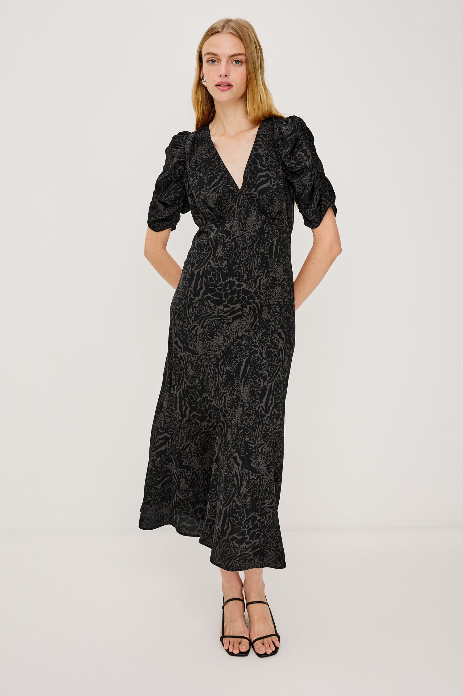 Zariah Midi Dress in Rayon Crepe With Deep V-Neckline, and Short Puff Shirred Sleeves in Charcoal Mixed Animal Print Colorway - Full Body Front View Featured on Model