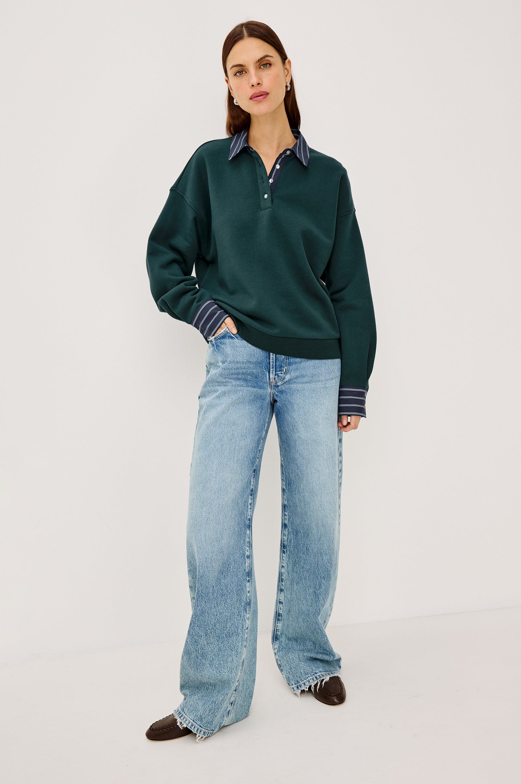 Zavier Sweatershirt in French Terry in Relaxed Slightly Cropped Fit, Contrast Poplin Collar and Cuffs, Quarter-Button Placket, and Ribbed Hem in Forest Colorway - Full Body Front View Featured on Model