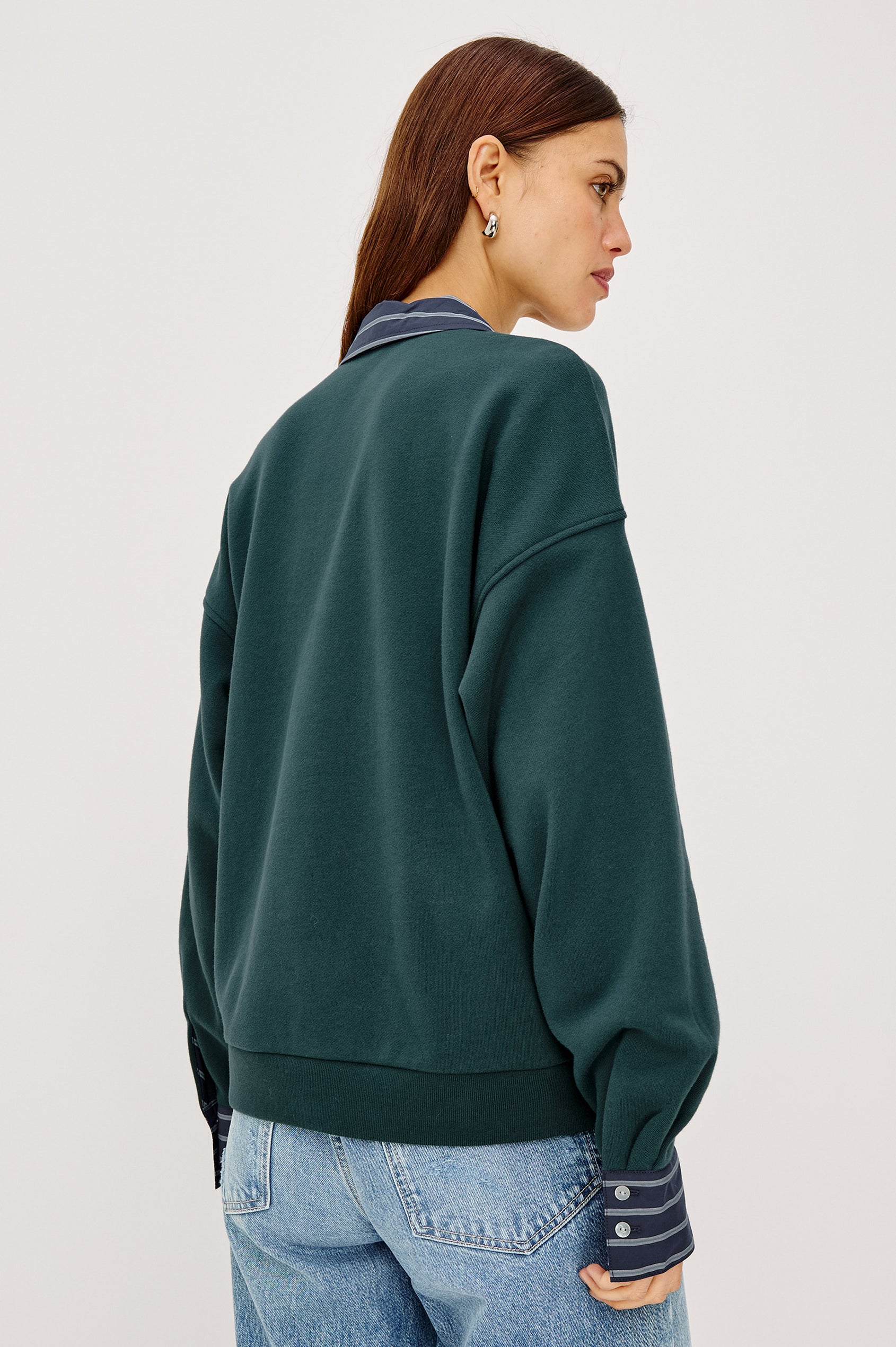 Zavier Sweatershirt in French Terry in Relaxed Slightly Cropped Fit, Contrast Poplin Collar and Cuffs, Quarter-Button Placket, and Ribbed Hem in Forest Colorway - Upper Body Back View Featured on Model