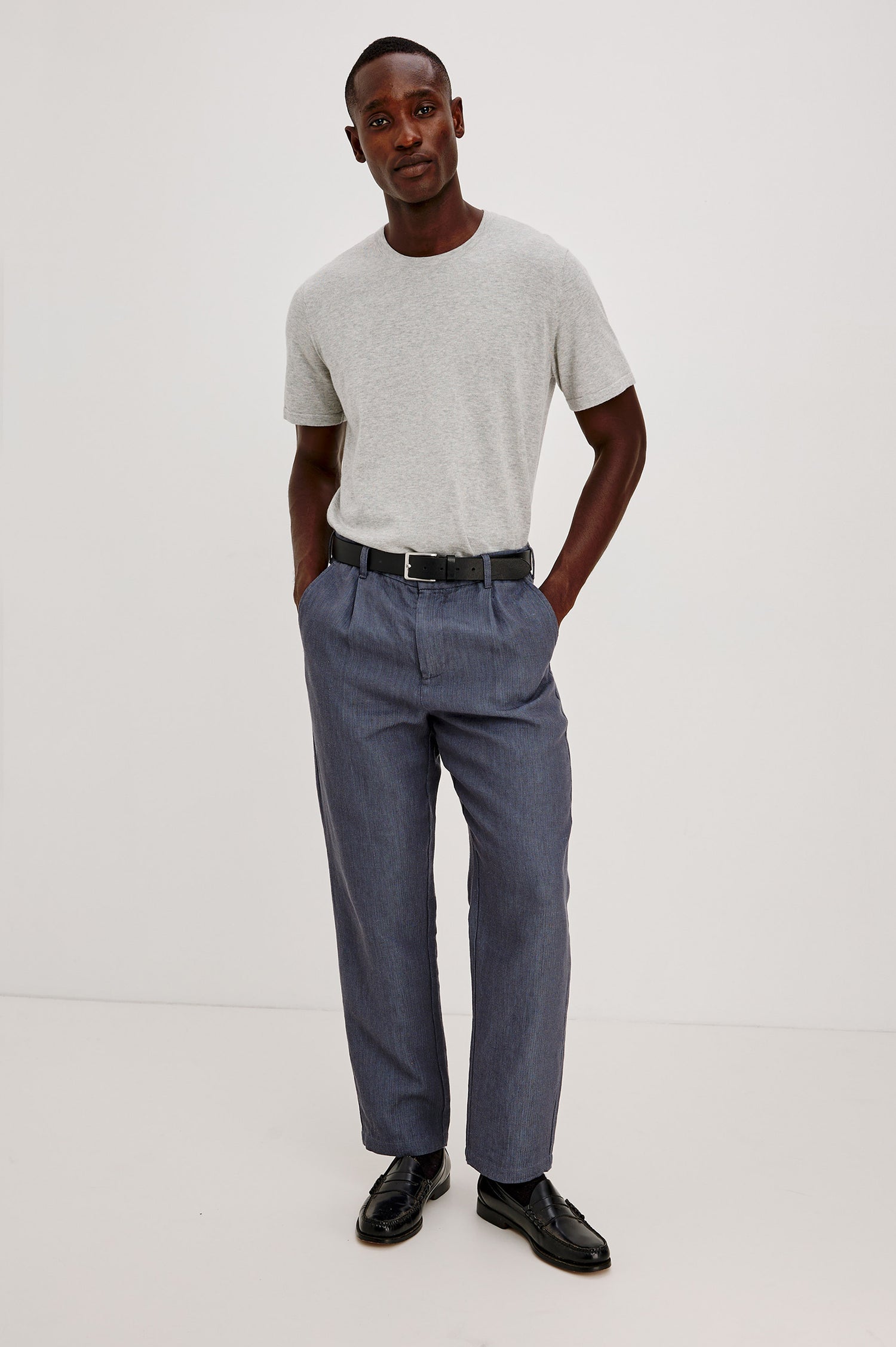 Zimmer Pant in Cotton Linen Wool Blend With Relaxed Fit, Tapered Leg, Side Pockets, Zip Fly, Belt Loops, and Back Welt Pockets in Meridian Colorway - Full Body Front View Featured on Model