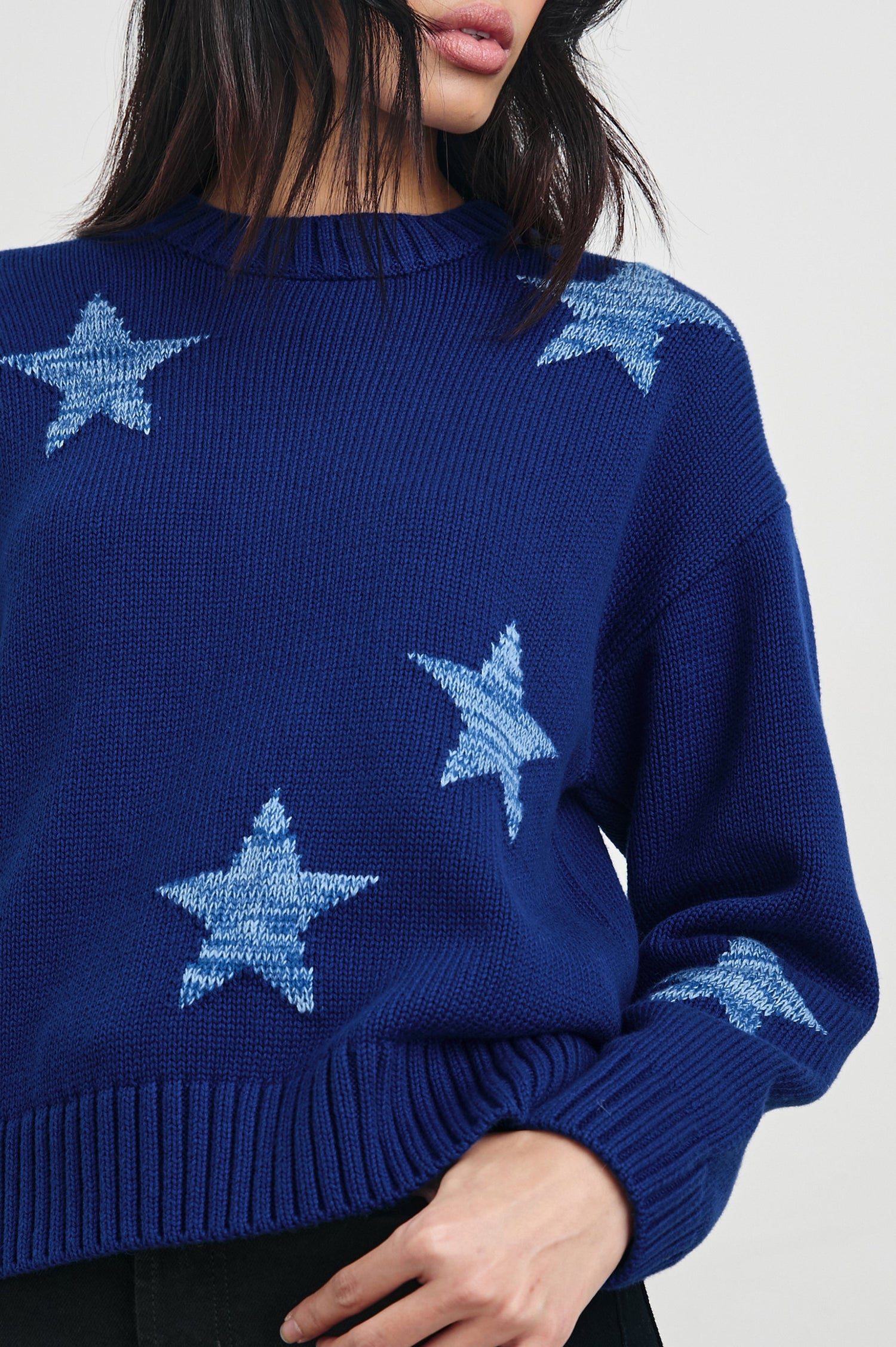 Zoey Long-Sleeve Sweater with Crewneck and Ribbed Trims in Cobalt Galaxy Colorway, with light blue stars on cobalt - Front View Featured on Model