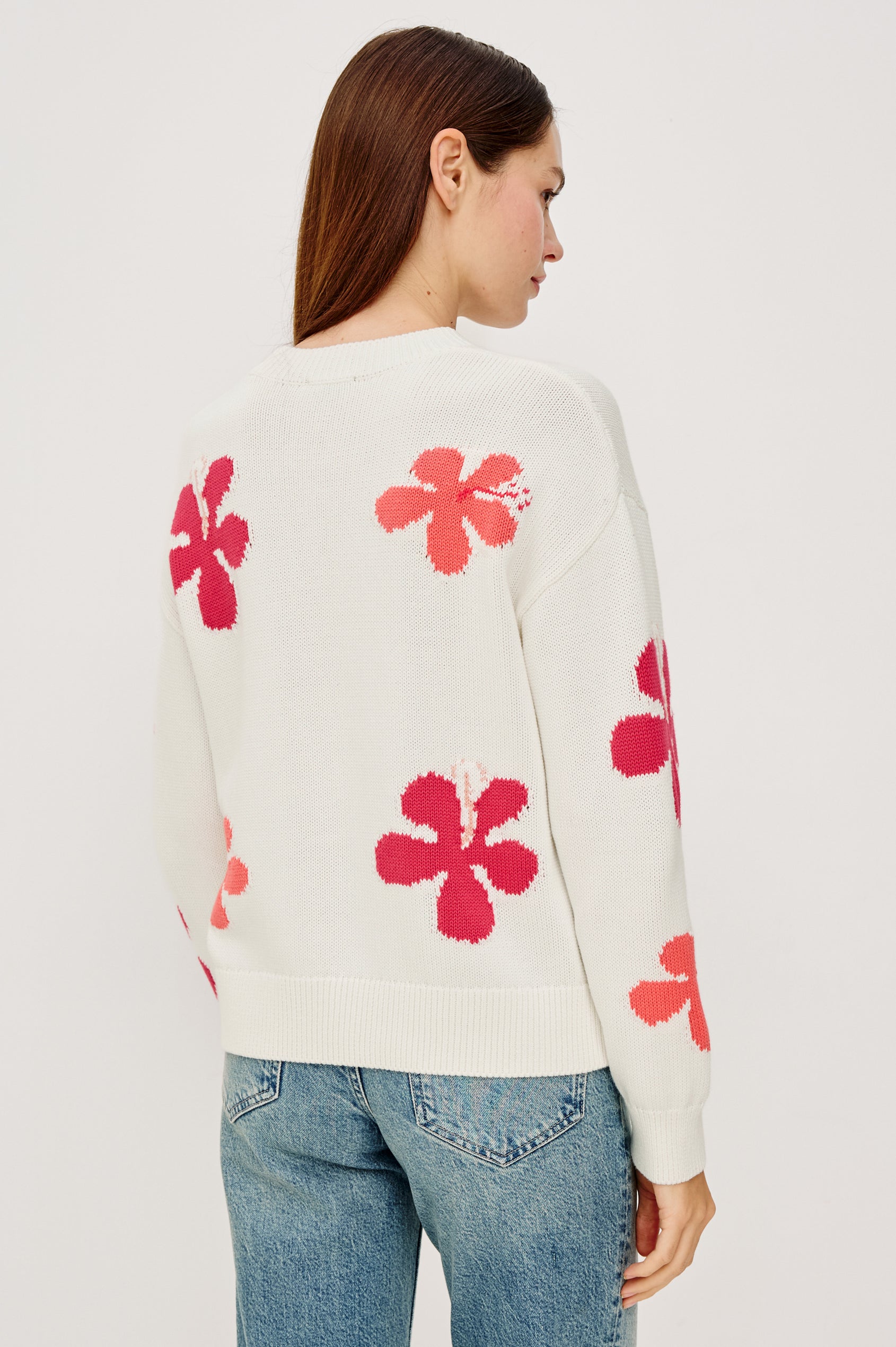 Zoey Crewneck Sweater in Cotton Blend With Floral Motifs, Dropped Shoulders, and Long Sleeves in Kauai Colorway - Upper Body Back View Featured on Model