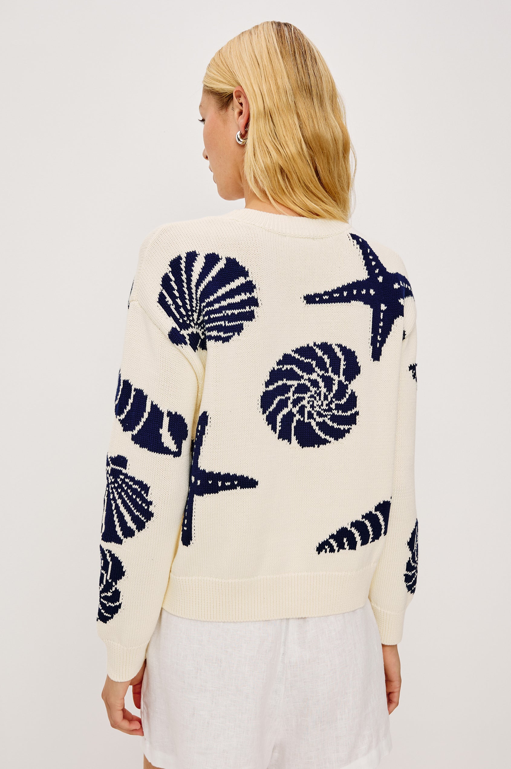 Zoey Crewneck Sweater in Cotton Blend Knit With Seashell Embroidery Long Sleeves Relaxed Fit and Ribbed Trim - Upper Body Back View Featured on Model