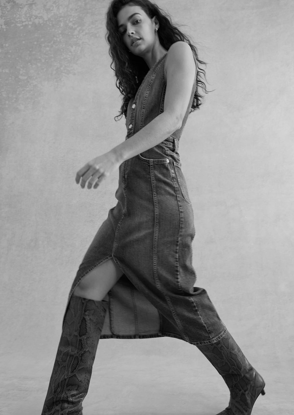 BLACK AND WHITE IMAGE OF MODEL WEARING WESTWOOD DRESS