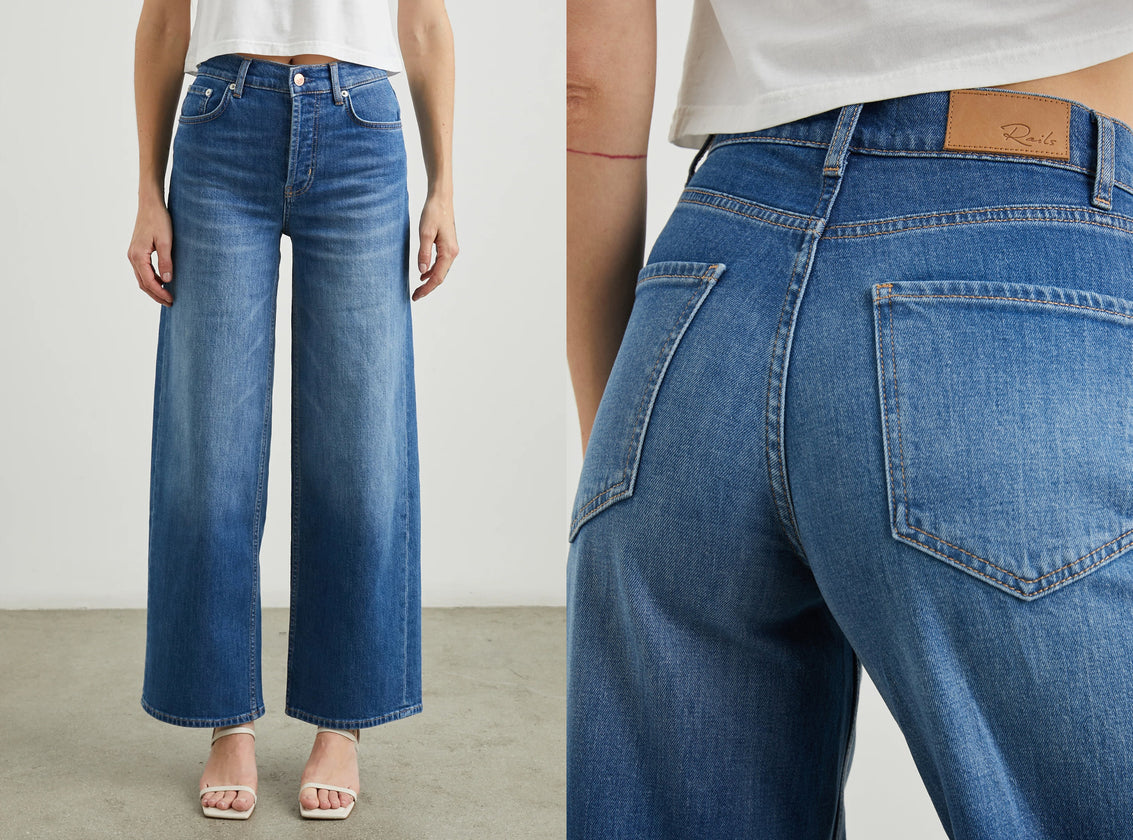 TWO SIDE BY SIDE IMAGES. FIRST IMAGE IS FRONT IMAGE OF GETTY WIDE LEG JEANS IN TIDAL WAVE. SECOND IMAGE IS BACK DETAIL IMAGE OF GETTY WIDE LEG JEANS IN TIDAL WAVE.
