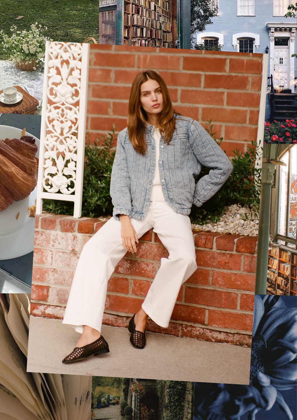 Woman wearing an all-white outfit with a denim jacket sitting on a brick wall with a collage of images.