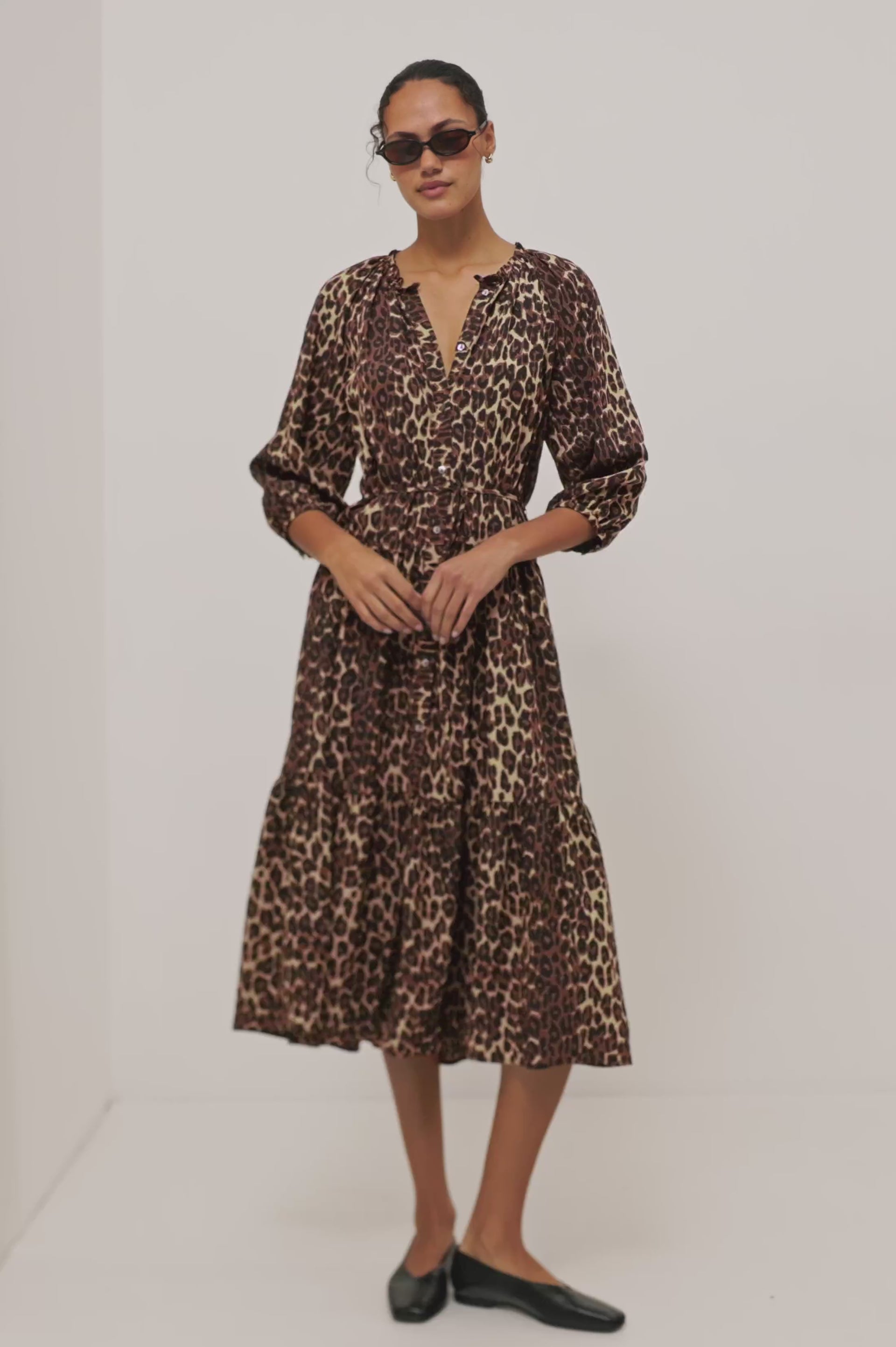 Leanne Maxi Dress in Crinkle Poplin With Loose Swing Fit, Ruffle Trim Peasant Neckline, Long Balloon Sleeves, Front Buttons, and Single Tier in Brown Nala Colorway - Video - Full Body Front View Featured on Model