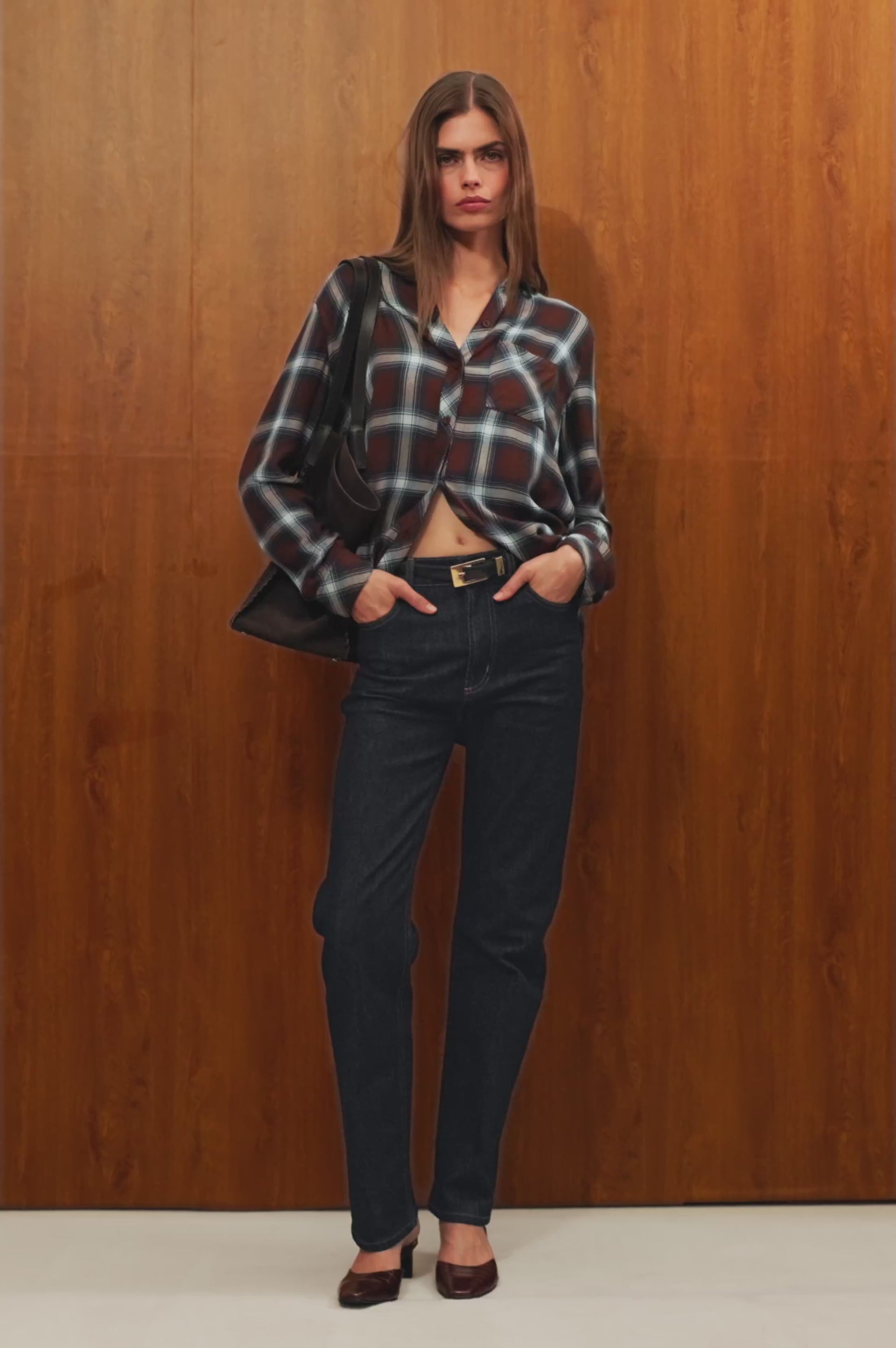 Hunter Button-Up Plaid Shirt in Signature Soft Rayon With Loose Twill Weave, With Collar and Long Sleeves in Espresso Indigo Colorway - Upper Body Front View Featured on Model - Video