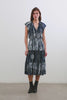 (video) Amellia Short-Sleeve Midi Dress with Smocked Waist and Collar, V Neck, and a Tiered Skirt in Indigo Nile Stripe Colorway, White and Indigo Streaks - Front Full Body View Featured on Model
