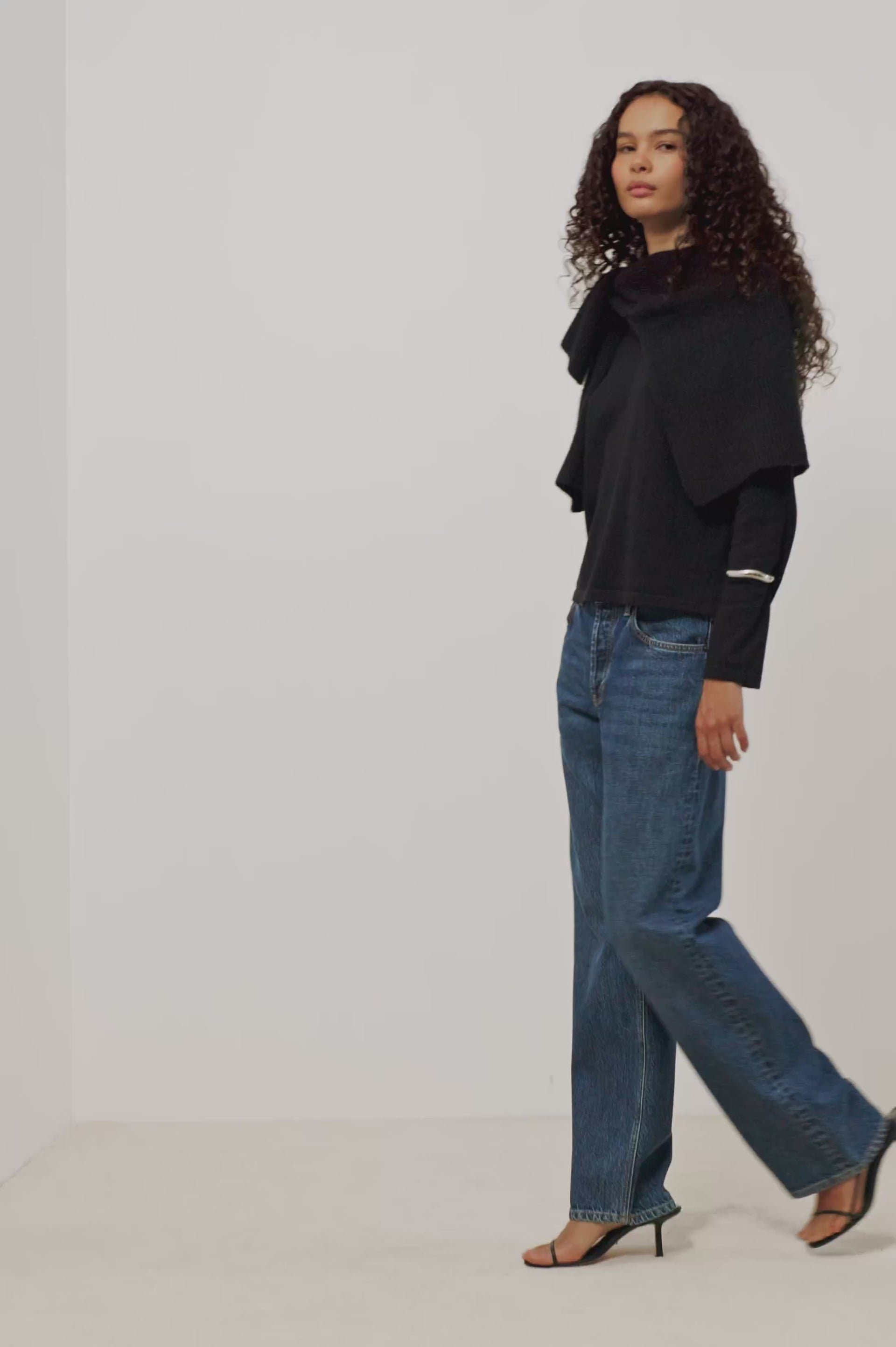 Del Mar Boyfriend Jean in Rigid Drapey Denim With Low-Slung Fit, Wide Relaxed Legs, 5-Pockets, and Button Fly in Upstream Colorway - Video - Full Body Front View Featured on Model