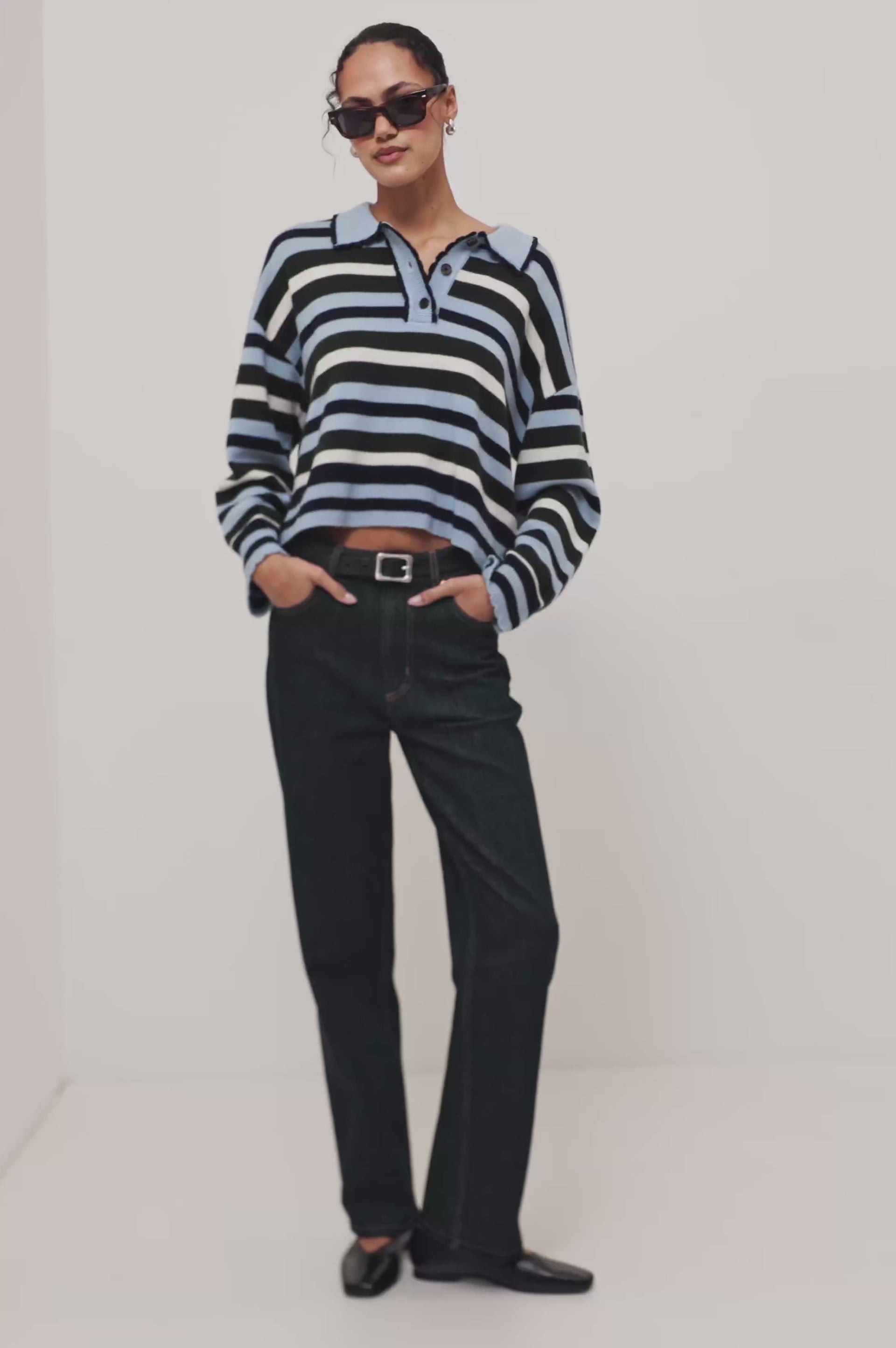 Delora Rugby Sweater in Wool Blend Knit in Loose, Boxy Fit, With Long Sleeves, Quarter-Button Placket, and Scalloped Trim in Sky Forest Stripe Colorway - Video - Full Body Front View Featured on Model