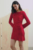 Alessandra Long Sleeve Mini Dress with a Slight Cowl at the Neck and Ruching with a Drawstring on the Left Side in Scarlet Colorway - Front Full Body Video on Model.