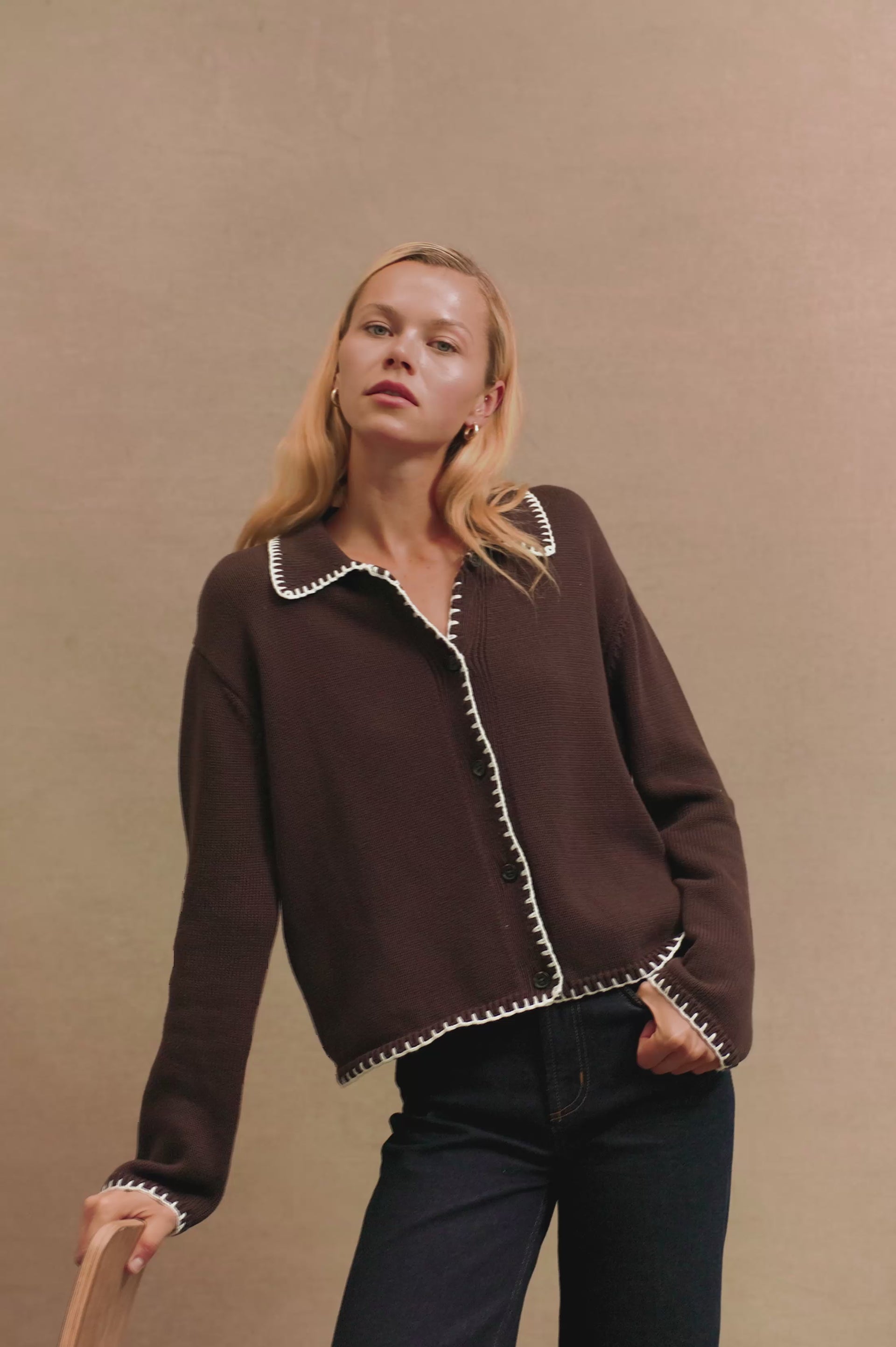 RAYLEEN SWEATER - BROWN IVORY BLANKET STITCH