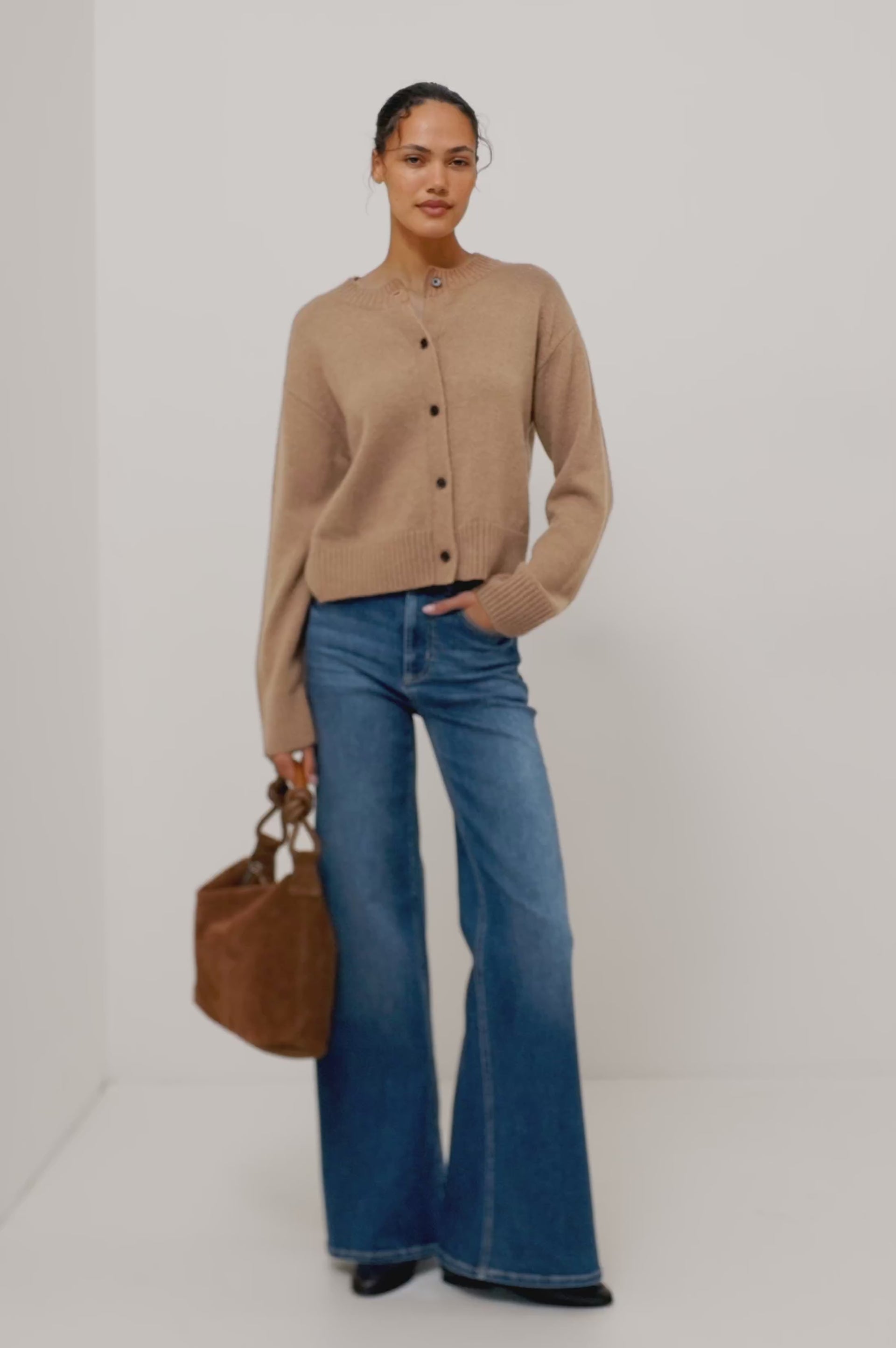 Carre Cardigan in Wool-Cashmere Knit Blend, Relaxed Slightly Boxy Fit, Crew Neckline, Front Buttons, Long Sleeves, and Ribbed Trim in Heather Camel Colorway - Upper Body Front View Featured on Model - Video