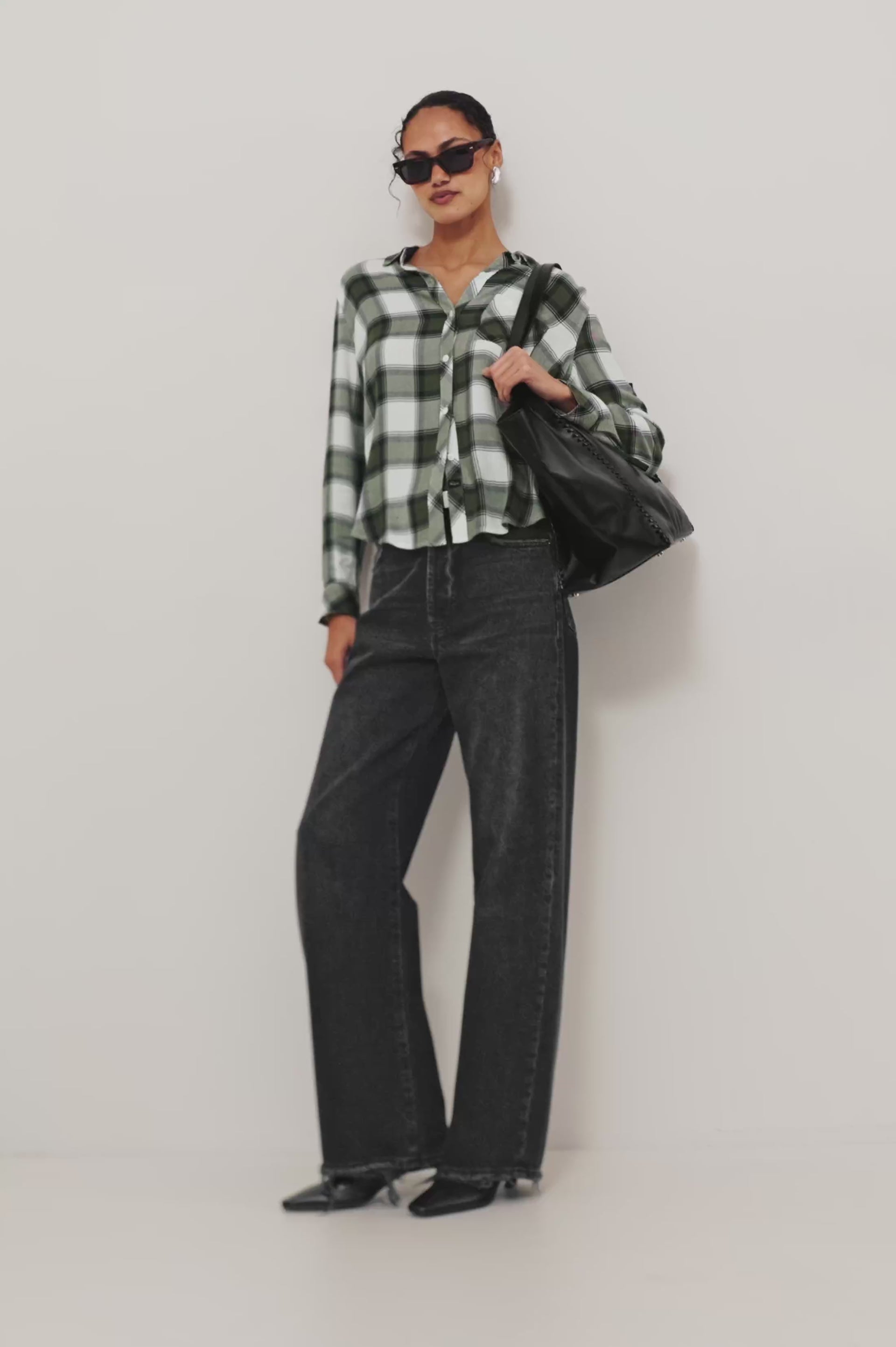 Joelle Top in Mesh With High Funnel Neckline, Long Sleeves, Self-Lined Body, and Asymmetric Ruching at Shoulder and Waist in Navy Sage Plaid Colorway - Full Body Front View Featured on Model - Video
