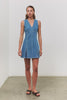 (Video): Serra denim dress in Bristol wash, showing the button-down front and cinched waist on a model - front full body view on model.