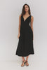(Video): RAILS X LSPACE Avila black midi dress with side cut-out details, shown for fit and fabric drape - front full body and detail view featured on model.