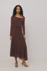 Cambria Midi Dress in Semi-Sheer Stretch Mesh With Velvet Polka Dots, Self-Lined Body, Asymmetric Cowl Neckline, Ruched Side Waist, and Softly Flared Skirt in Chocolate Polka Dot Colorway - Full Body Front View Featured on Model - Video