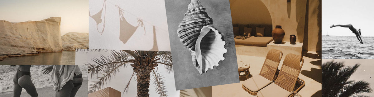Collage of various images including a desert landscape, a beach scene, and architectural elements.