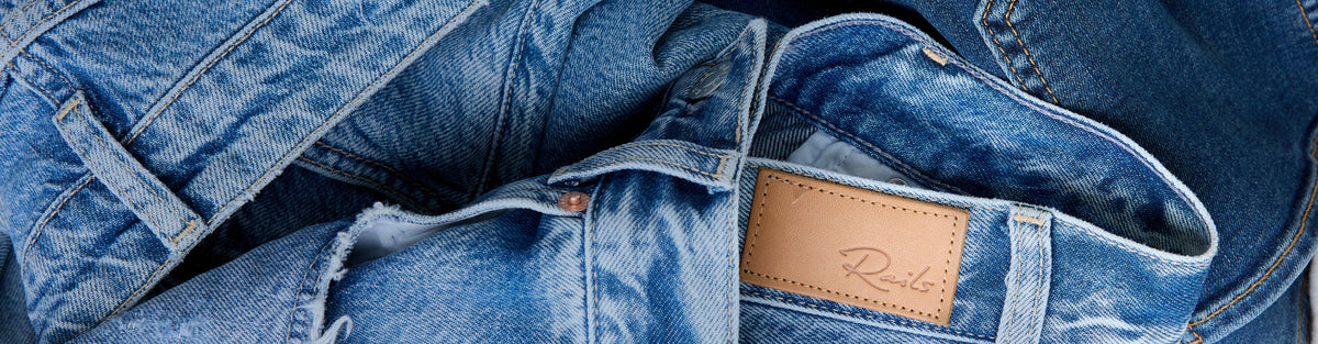 Close-up of denim with Rails logo
