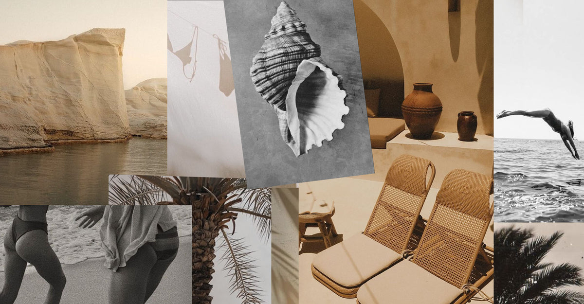 Collage of various images including a desert landscape, a beach scene, and architectural elements.