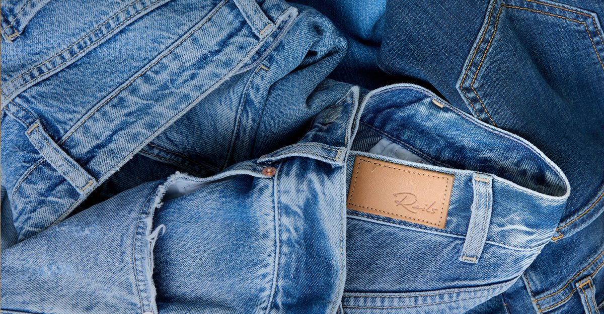 Close-up of denim with Rails logo