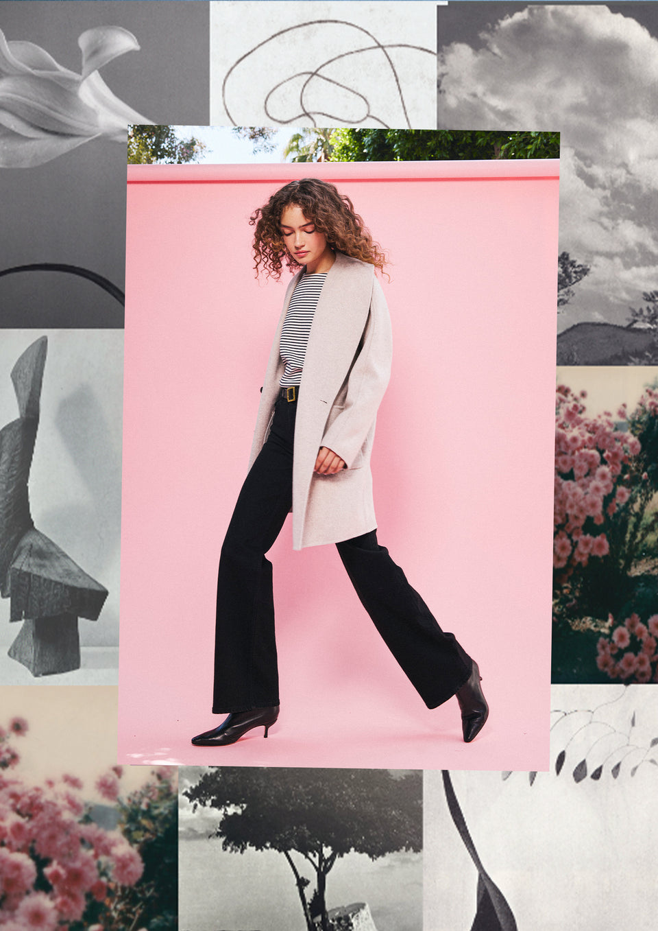 FRONT FULL BODY EDITORIAL IMAGE OF MODEL WEARING NILLY COAT, MACY TOP, AND GETTY WIDE LEG JEANS