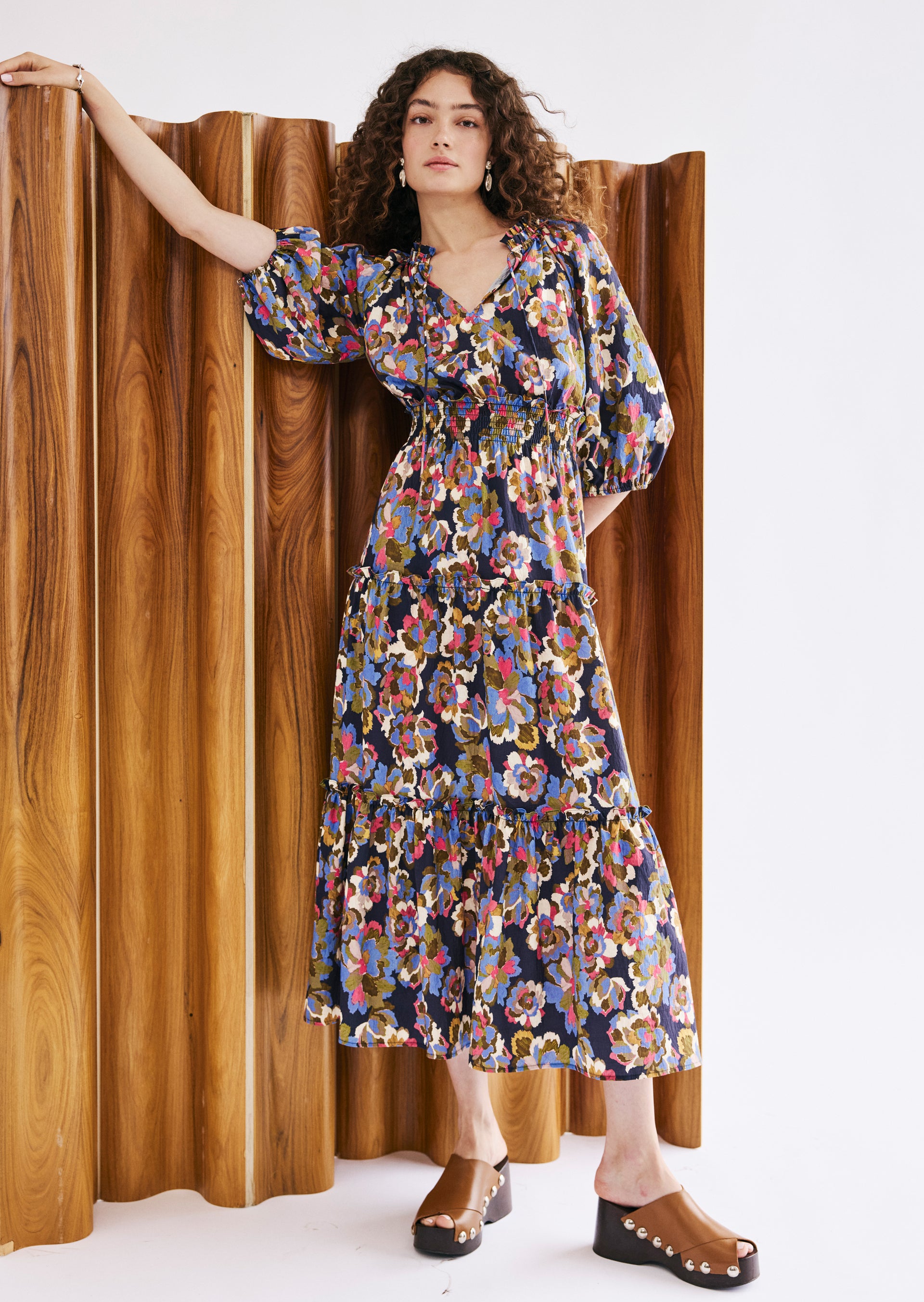 FRONT FULL BODY EDITORIAL IMAGE OF MODEL WEARING CATERINE DRESS