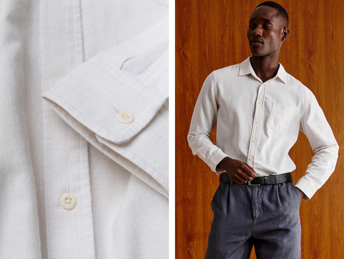 A split image showing a close-up of a white textured linen shirt cuff with buttons on the left, and a man wearing the same white long-sleeve linen shirt tucked into dark gray trousers on the right, set against a warm wood-paneled background.