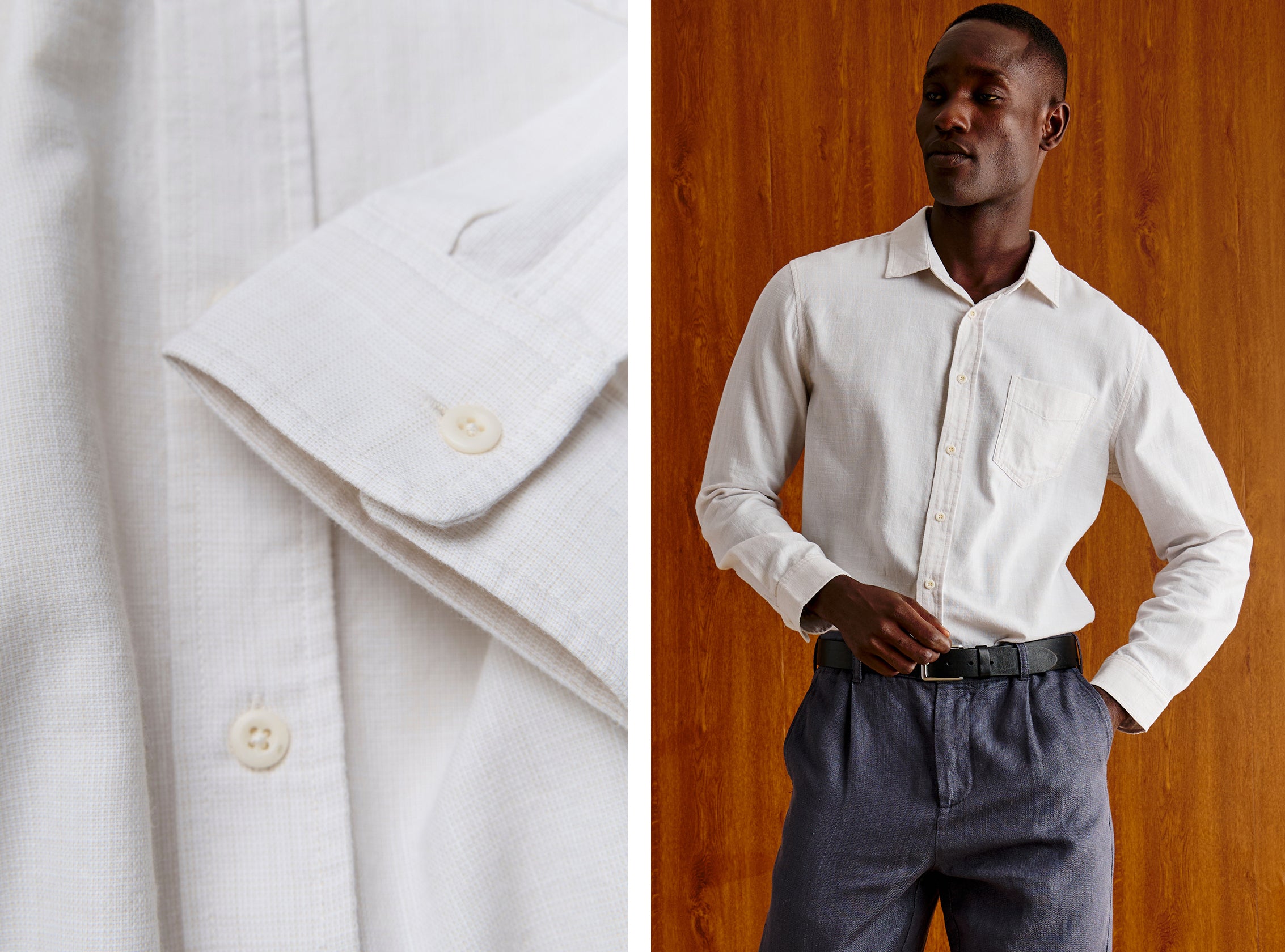 A split image showing a close-up of a white textured linen shirt cuff with buttons on the left, and a man wearing the same white long-sleeve linen shirt tucked into dark gray trousers on the right, set against a warm wood-paneled background.