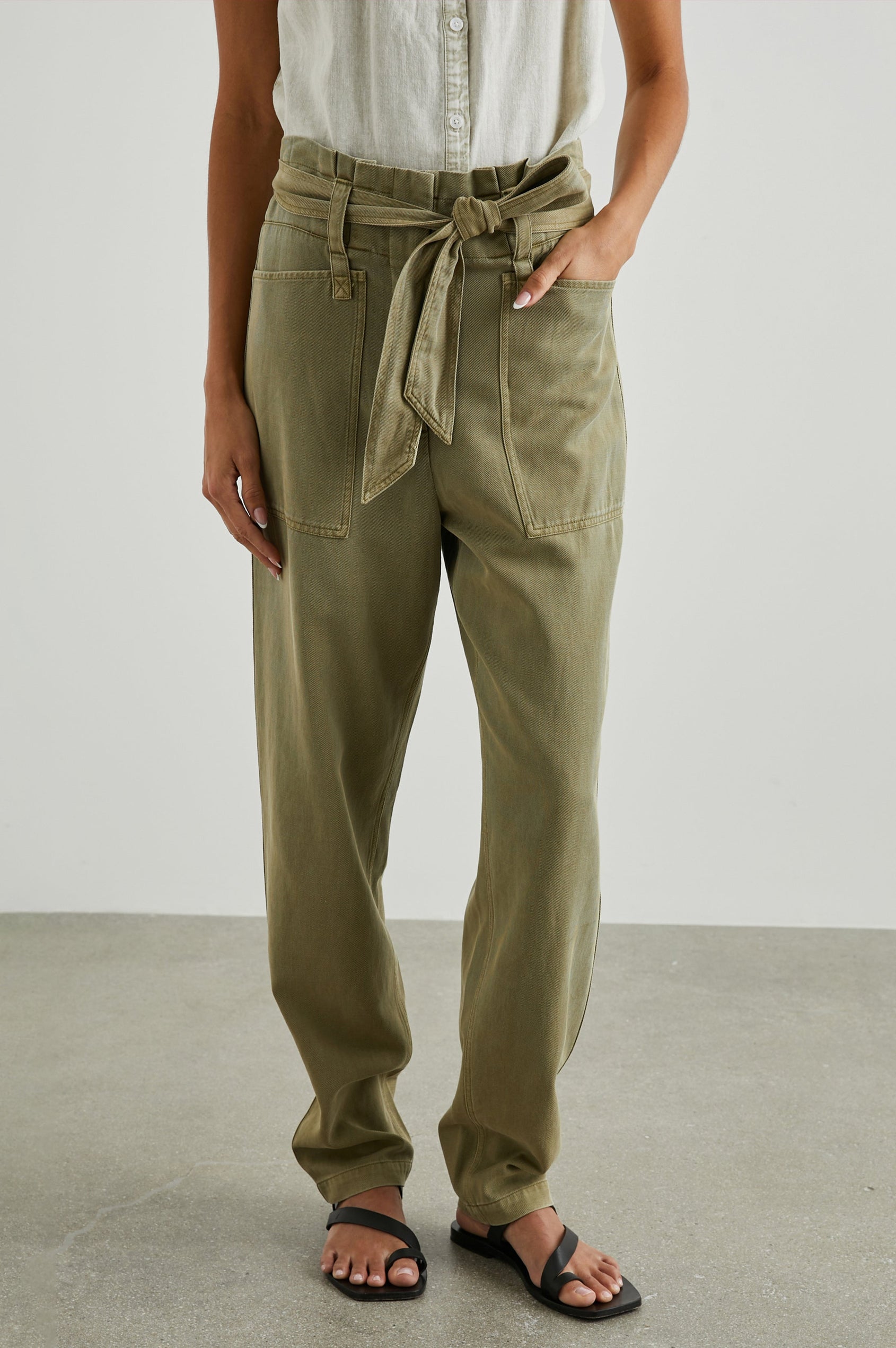 Achilles Pants with Fabric Tie Belt, Two Large Front Pockets, Two Back Patch Pockets and Belt Loops in Canteen Colorway - Front View Featured on Model 