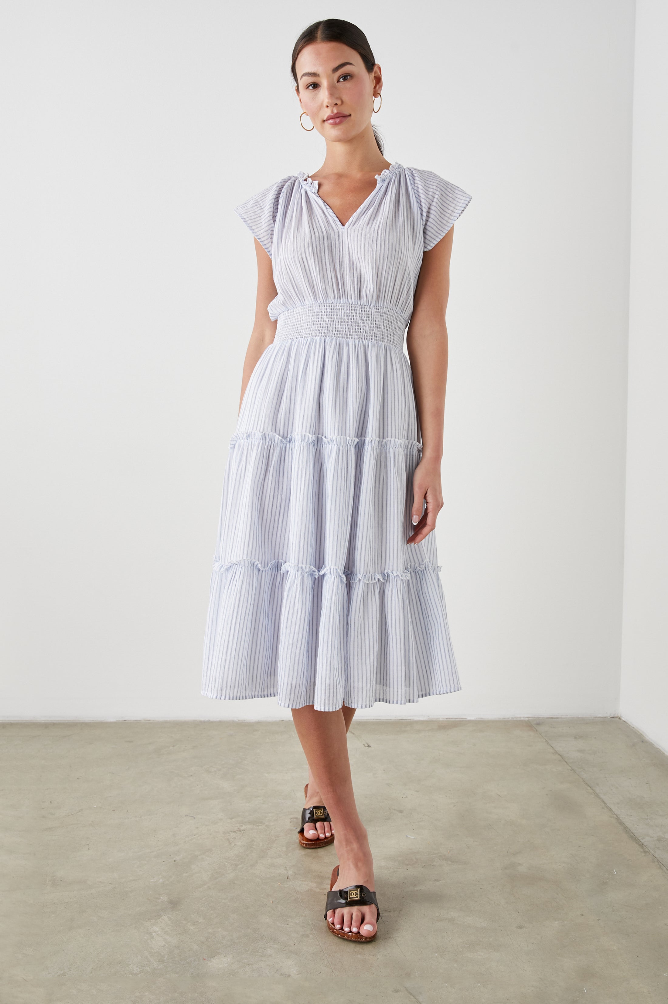 Rails Smocked Waistline With Flutter Cap Sleeves Striped shops in White & Blue Dress