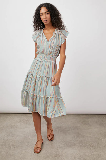 AMELLIA SAG HARBOR STRIPE TIERED SHORT SLEEVE DRESS-FULL FRONT BODY