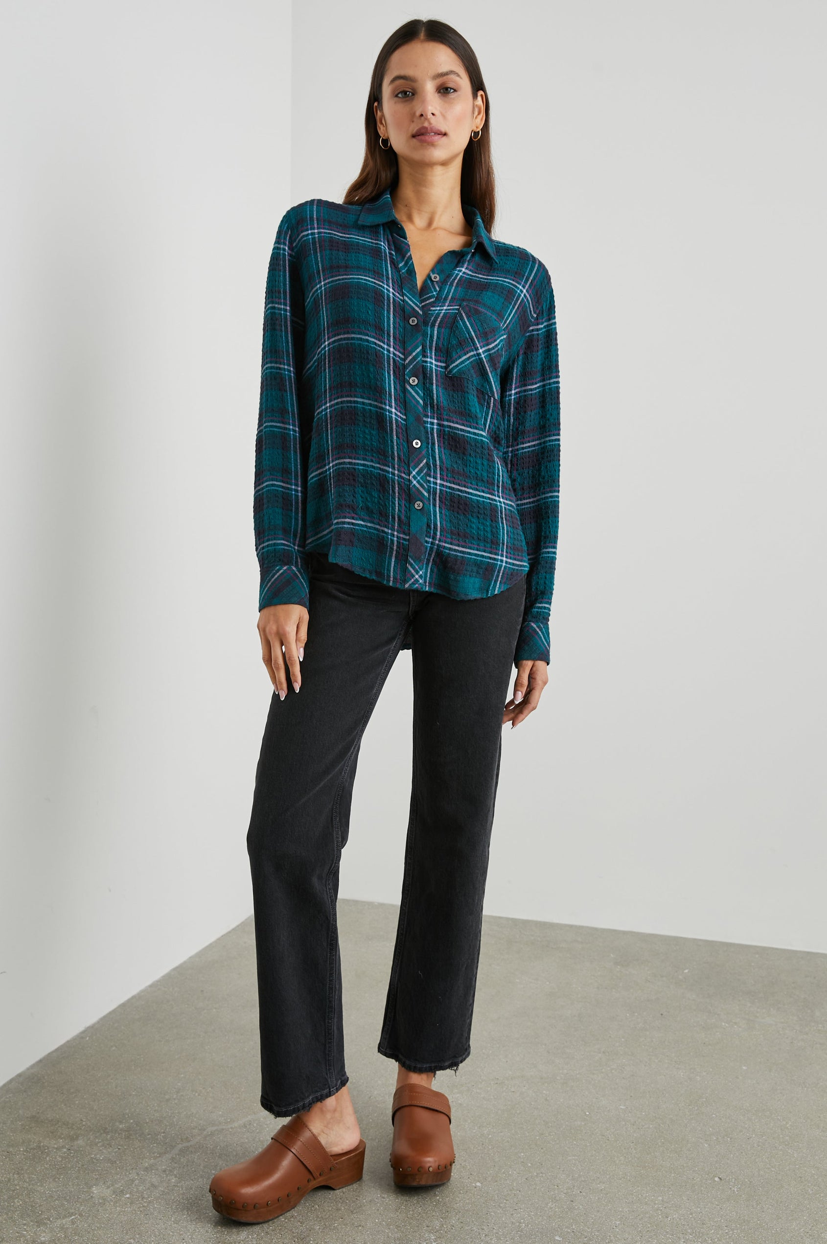 Brady Long-Sleeve Button Up with a Chest Patch Pocket and Textured Fabric in Pine Fuchsia Colorway, a Plaid in Pine, Fushia, Blue and Grey - Front Full Body View Featured on Model 