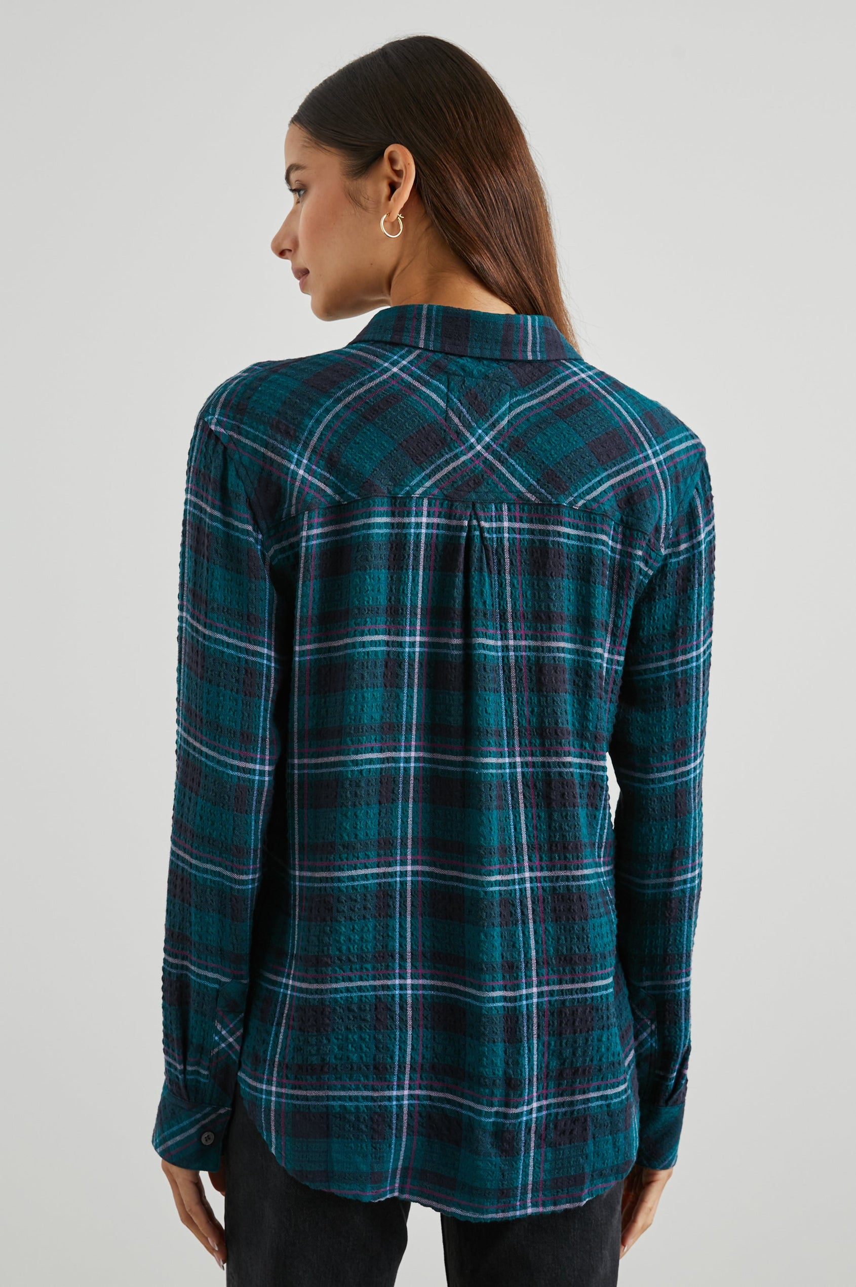 Brady Long-Sleeve Button Up with a Chest Patch Pocket and Textured Fabric in Pine Fuchsia Colorway, a Plaid in Pine, Fushia, Blue and Grey - Back View Featured on Model 