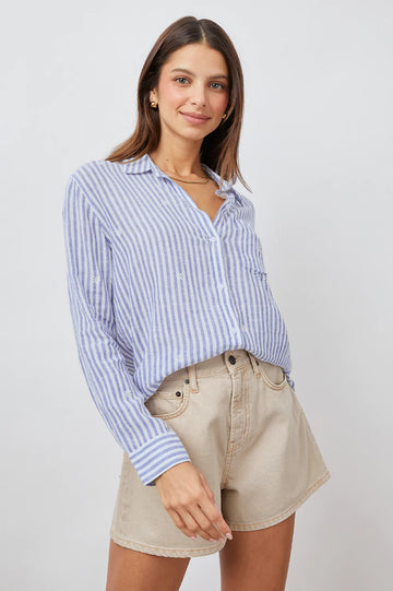 CHARLI BLUE STRIPE DAISY EMBROIDERY LONG SLEEVE BUTTON DOWN- FRONT TUCKED IN