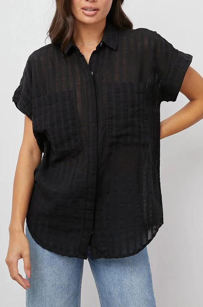 CITO BLACK SHADOW STRIPE SHORT SLEEVE BUTTON DOWN SHIRT-FRONT UNTUCKED