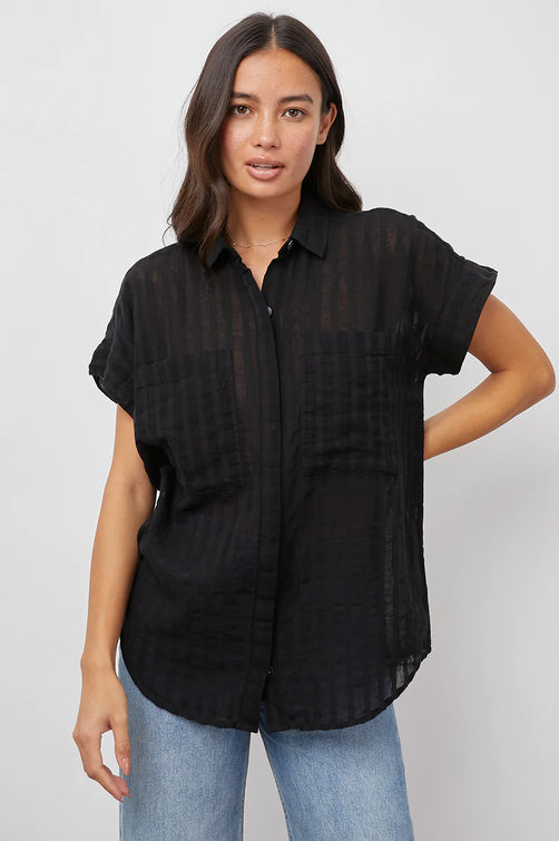 CITO BLACK SHADOW STRIPE SHORT SLEEVE BUTTON DOWN SHIRT-FRONT UNTUCKED