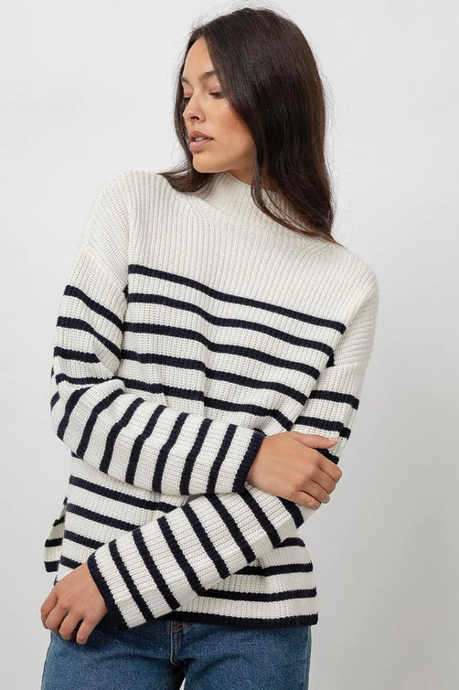 Claudia Cream Navy Stripe Mock Neck Sweater- front crossed arms