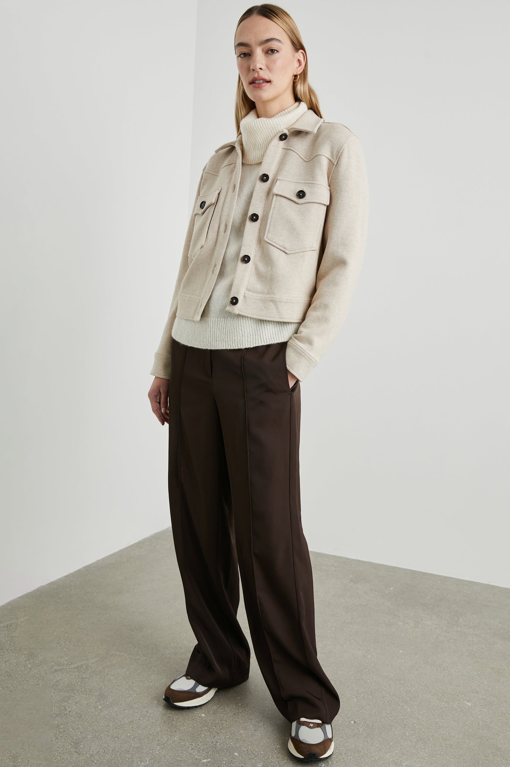 Easton Slightly Cropped Jacket with Button Closure, Two Chest Button Flap Pockets and Western Yokes in Heather Oatmeal Colorway - Front Full Body View Featured on Model