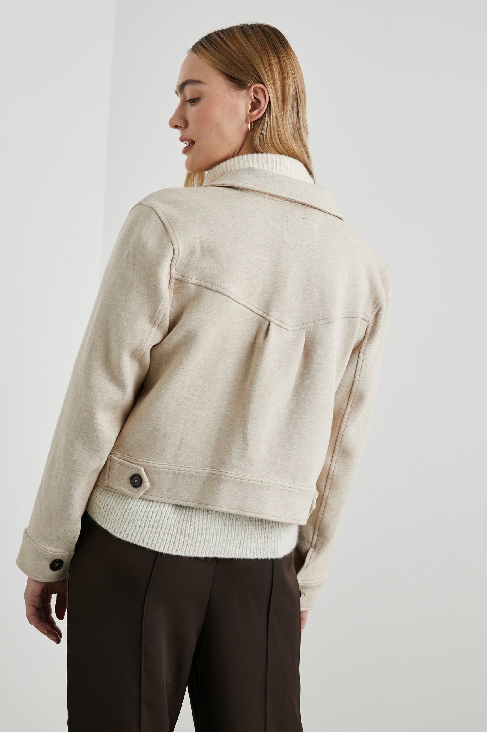 Easton Slightly Cropped Jacket with Button Closure, Two Chest Button Flap Pockets and Western Yokes in Heather Oatmeal Colorway - Back View Featured on Model