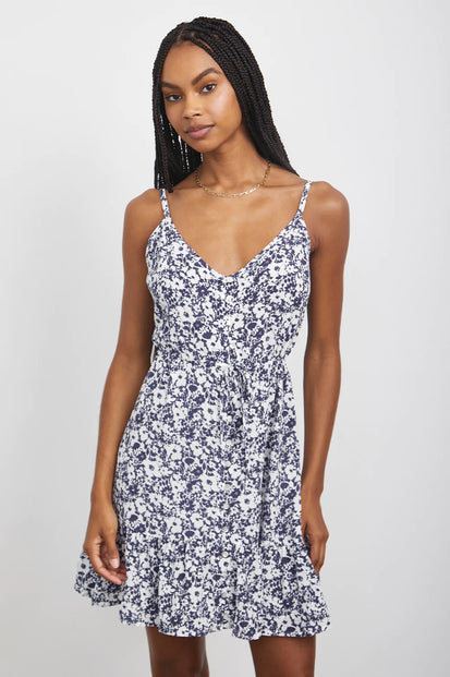 ELEANOR NAVY WHIRE TEXTURE FLORAL DRESS- FRONT