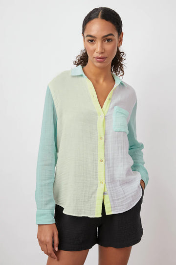 ELLIS MINT COLOR BLOCK LONG SLEEVE BUTTON DOWN- FRONT