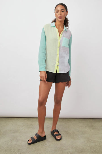 ELLIS MINT COLOR BLOCK LONG SLEEVE BUTTON DOWN- FULL FRONT BODY