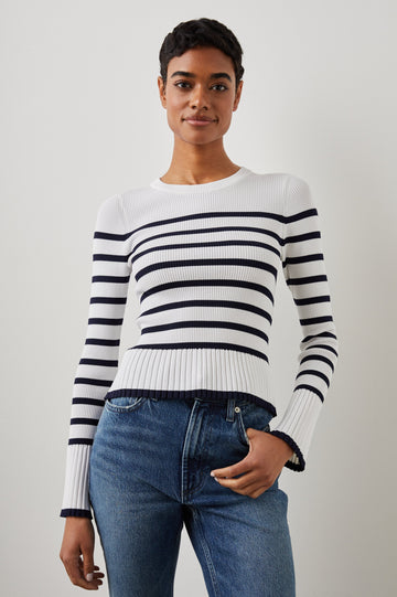 Gemma Ribbed Long-Sleeve Sweater with a Crew Neck in Ivory Navy Stripe Colorway, Horizontal Stripes - Front View Featured on Model 