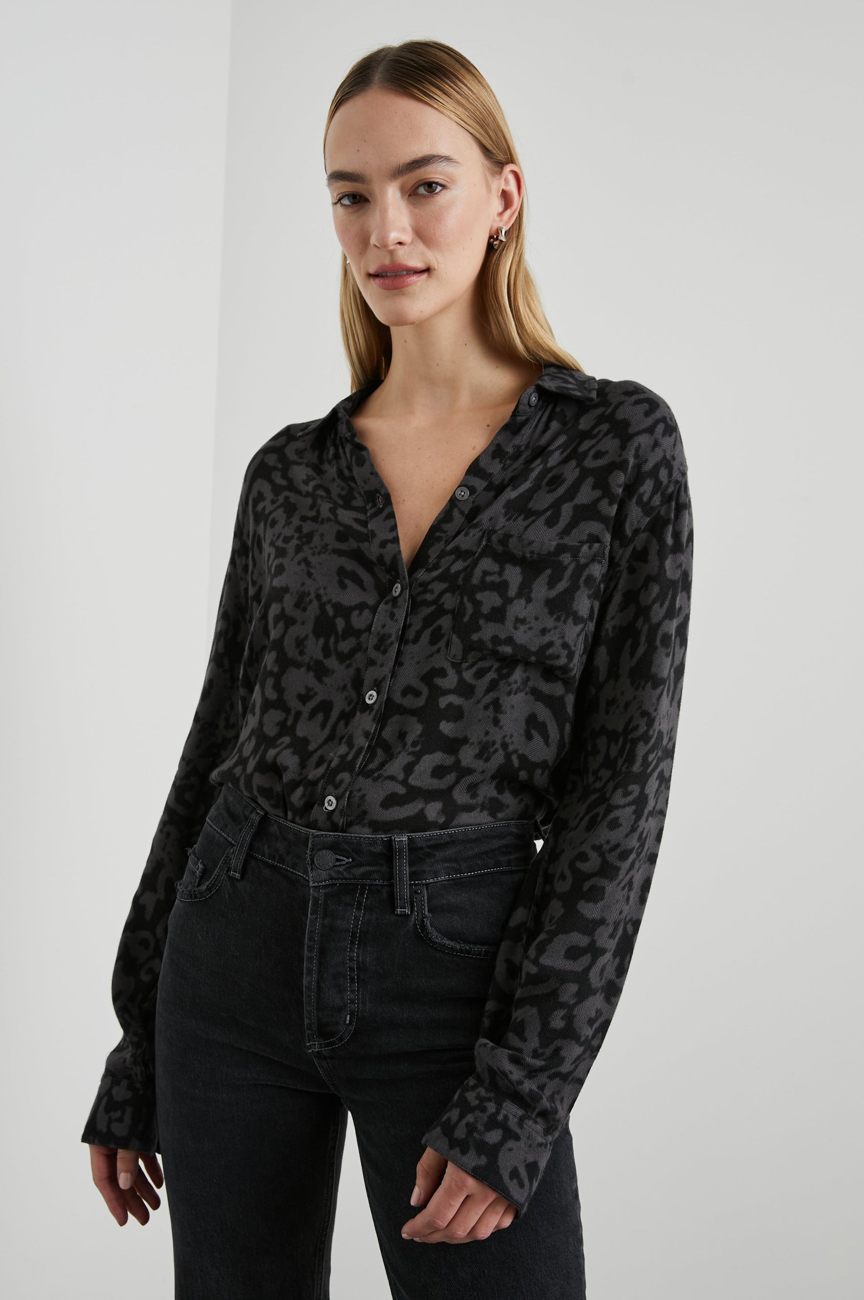 Hunter Long-Sleeve Button Up with a Chest Patch Pocket in Diffused Charcoal Cheetah Colorway, Charcoal Cheetah Spots on Black - Front View Featured on Model