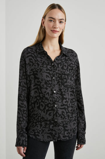 Hunter Long-Sleeve Button Up with a Chest Patch Pocket in Diffused Charcoal Cheetah Colorway, Charcoal Cheetah Spots on Black - Front View Featured on Model