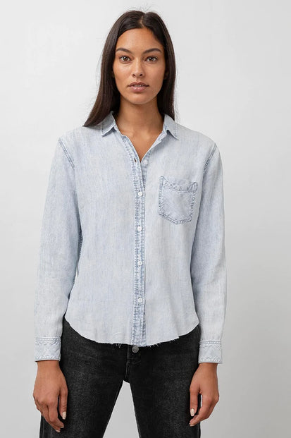 Ingrid Raw Light Acid Wash Button Down Long Sleeve - front untucked